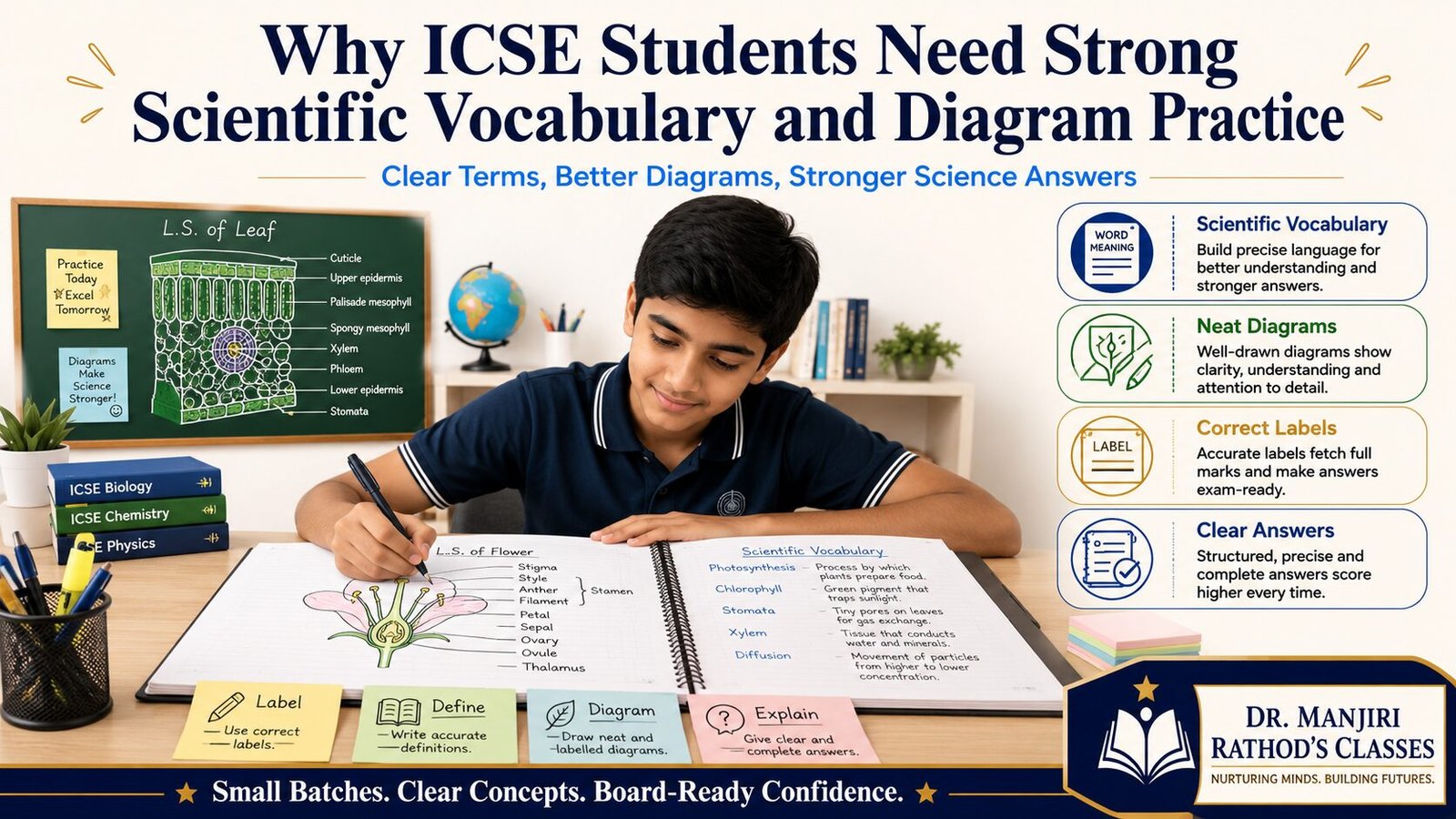 ICSE students need strong scientific vocabulary and diagram practice