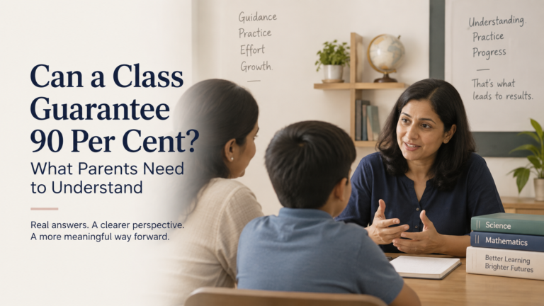 Parent and student discussing academic progress with Dr. Manjiri Rathod, alongside the message “Can a Class Guarantee 90 Per Cent?”