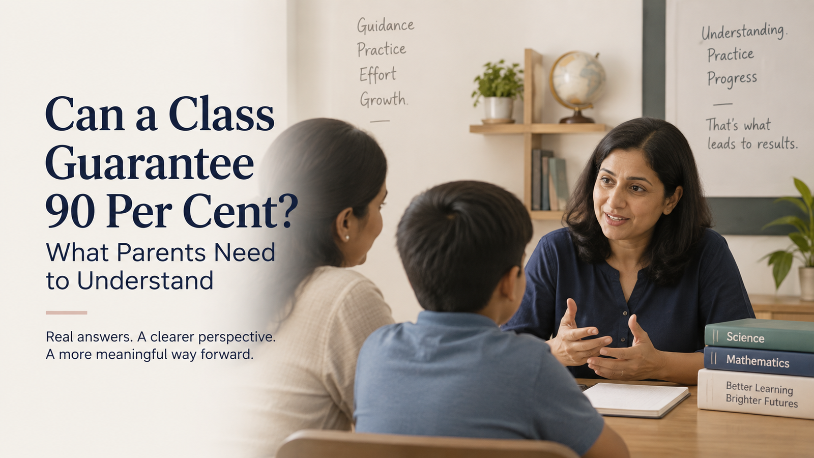 Parent and student discussing academic progress with Dr. Manjiri Rathod, alongside the message “Can a Class Guarantee 90 Per Cent?”